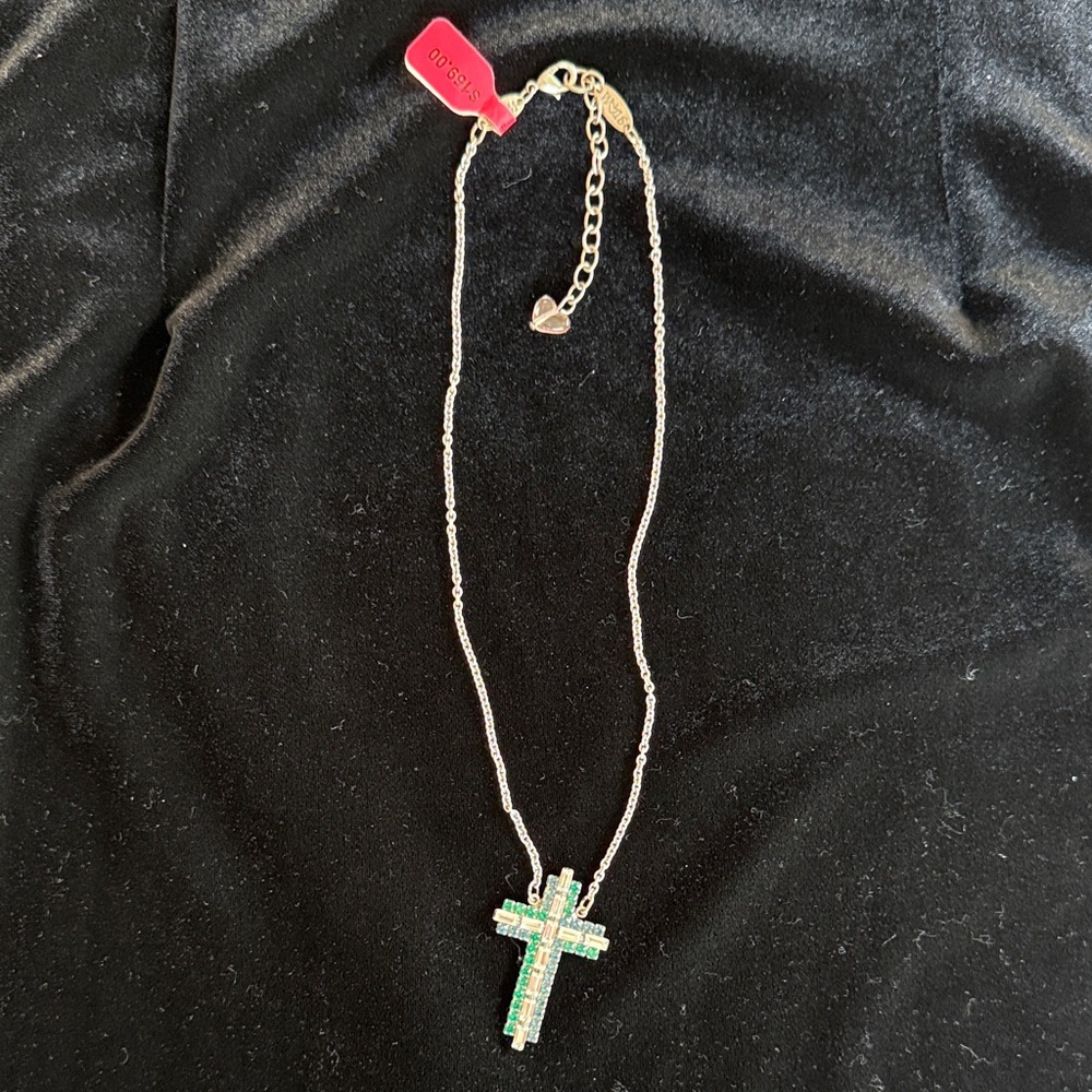 Sabika - Silver with small Green and Blue crystals - Cross Pendant Necklace